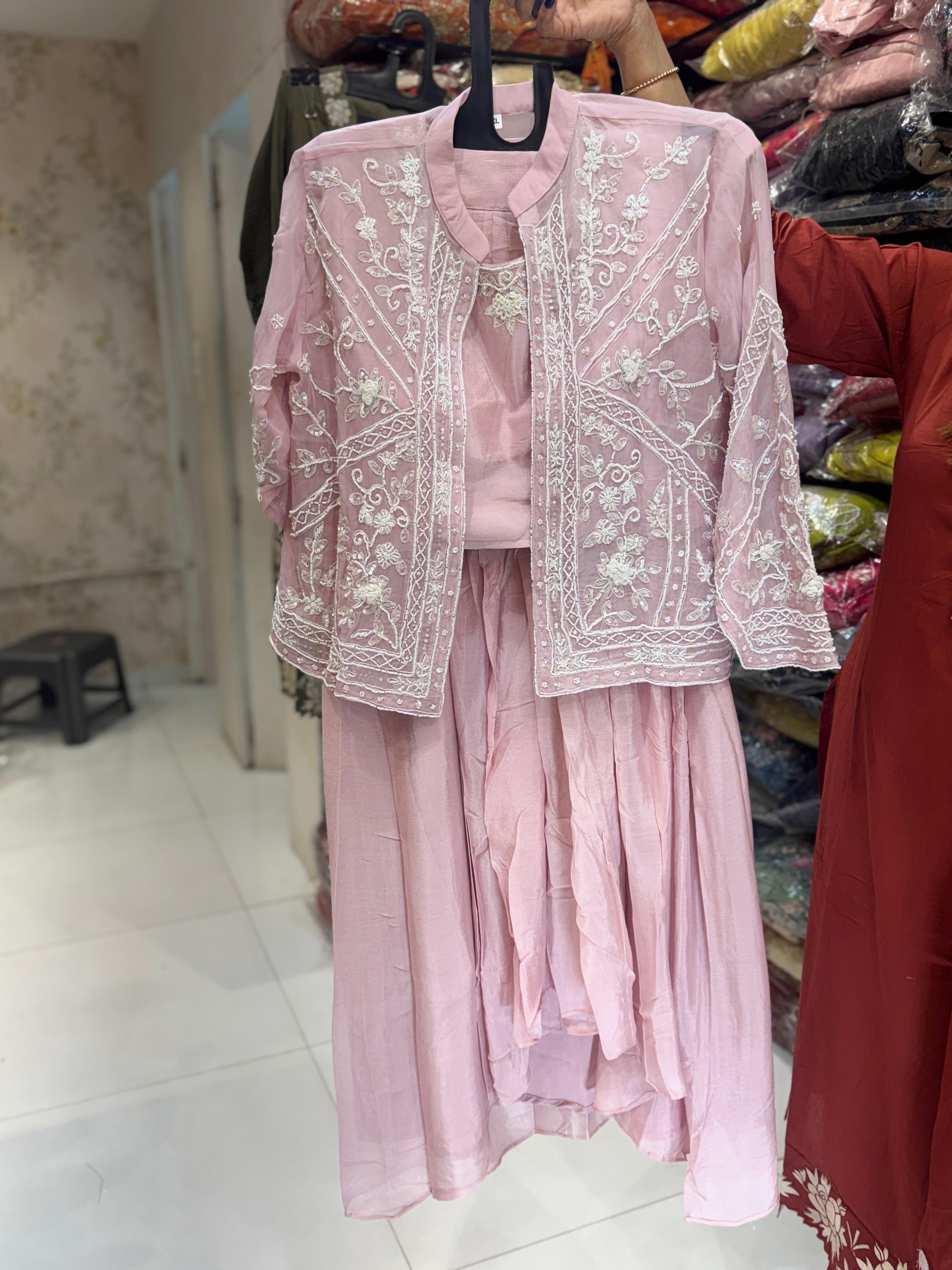 Pure Chinon Culkatta Handwork 3pc Set Onion Pink Color