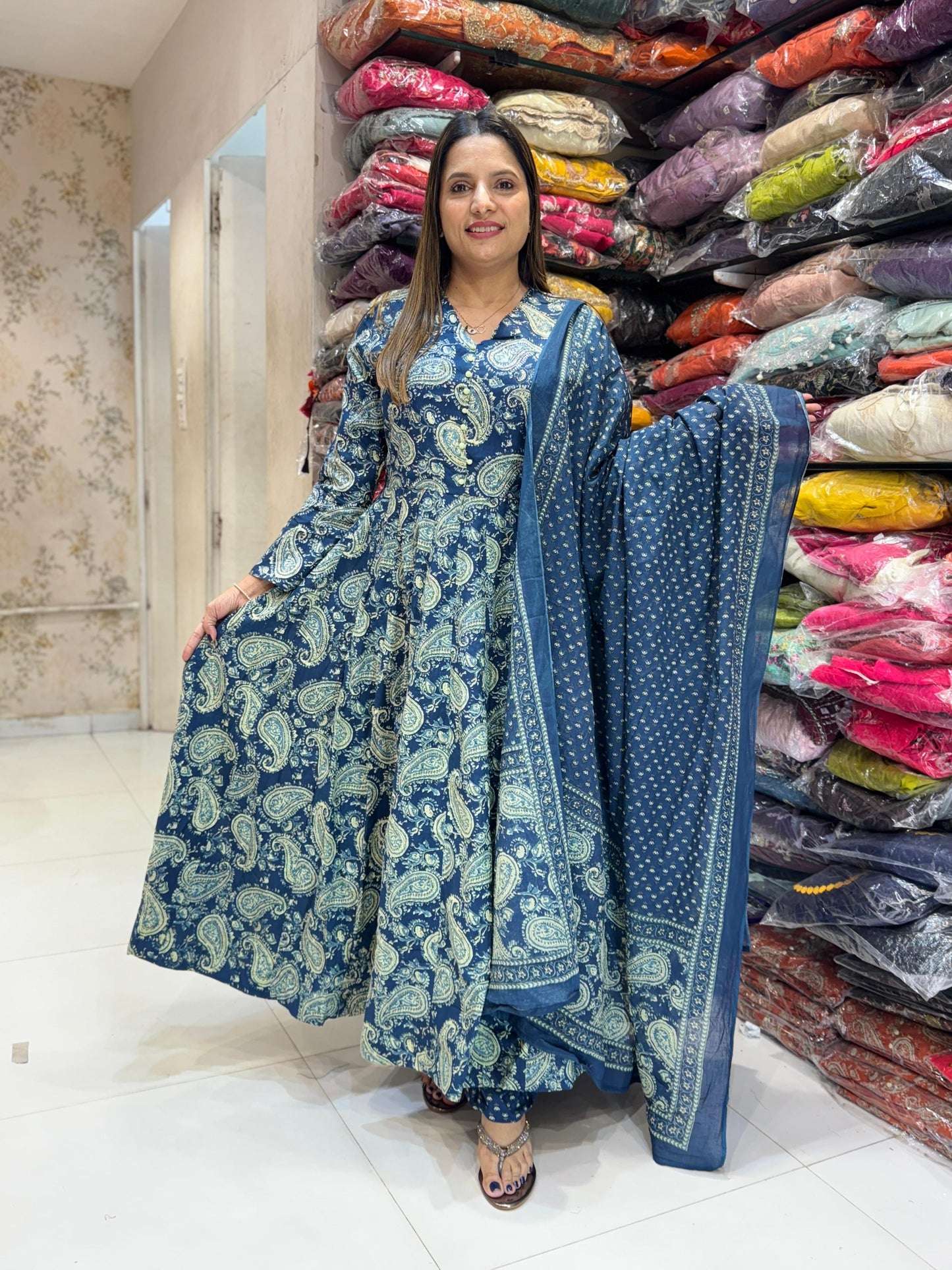 Cotton Anarkali Blue 3pc Set