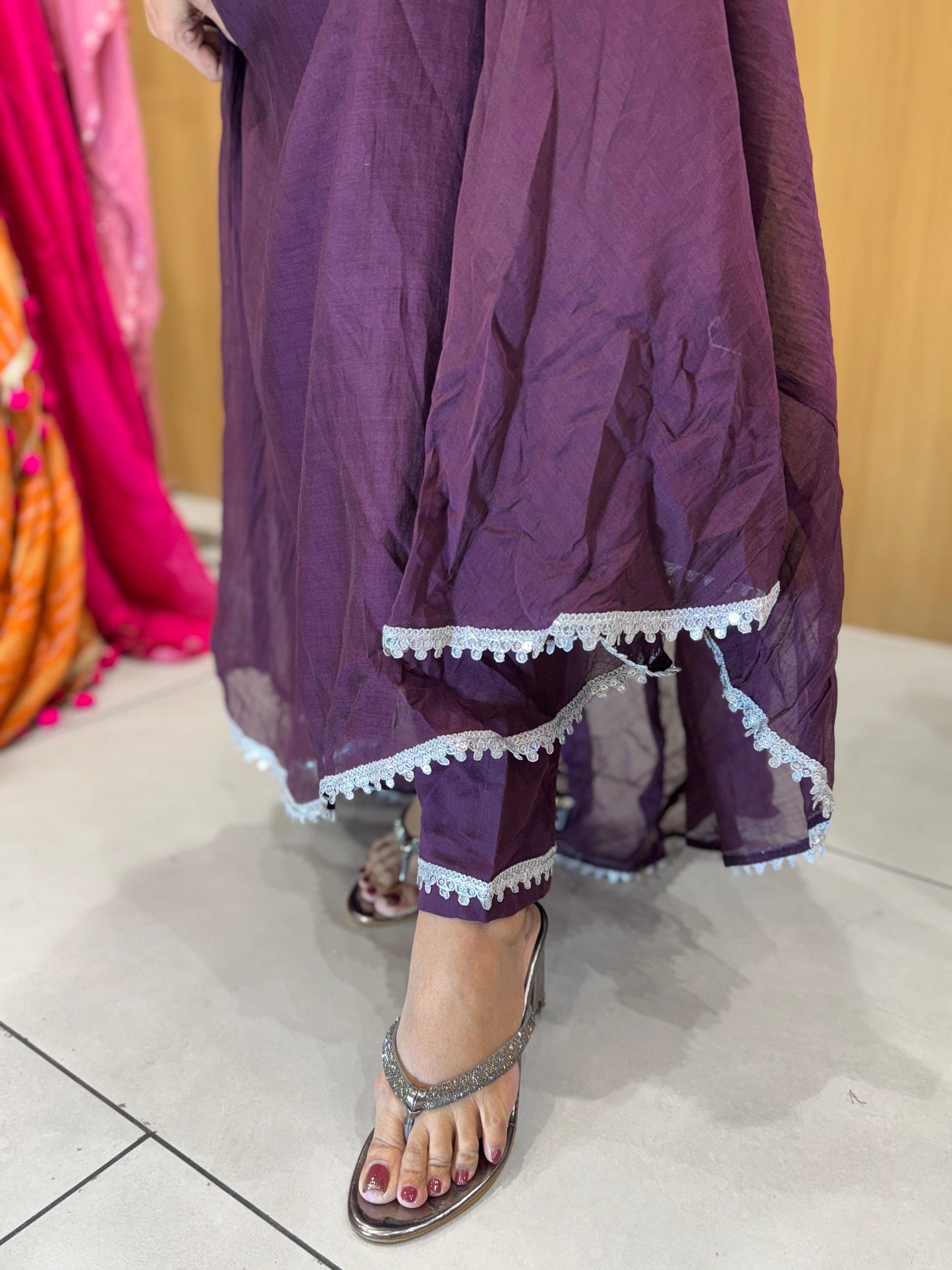 Banaras Mull Chanderi Anarkali Wine 3pc Set