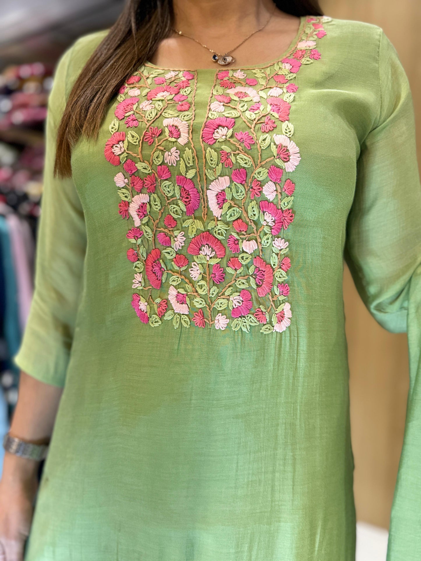 Mull Chanderi Pista Green 3pc Set