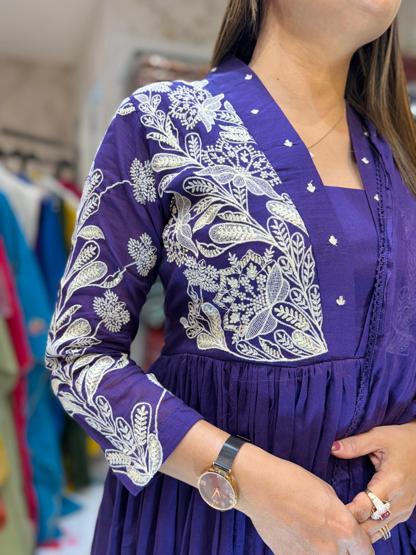 Mull Cotton Anarkali Purple 3pc Set