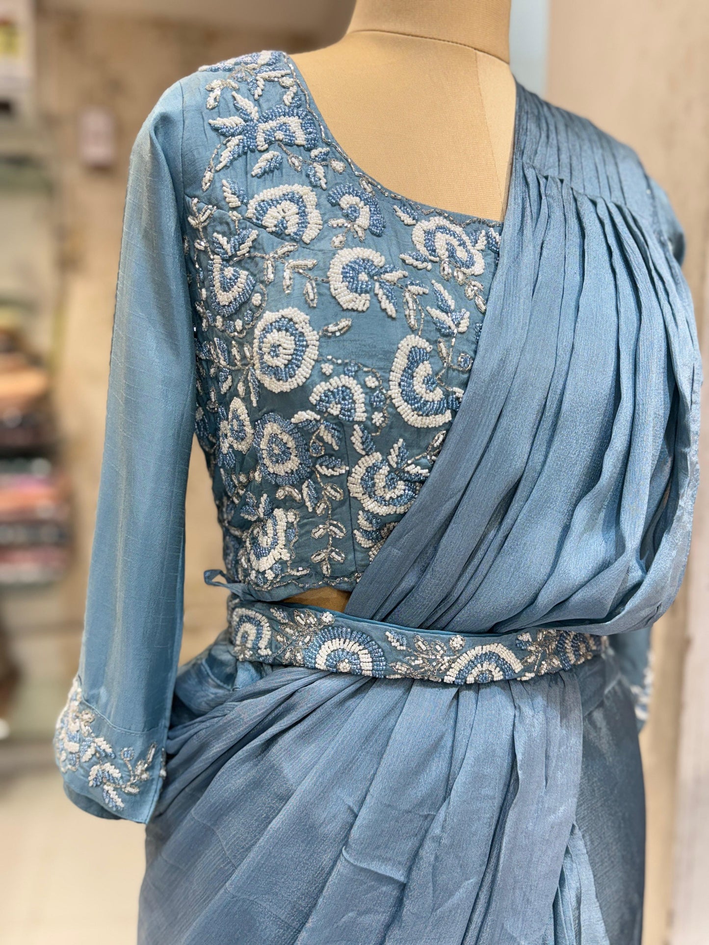 Chinon Sky Blue Drep Saree