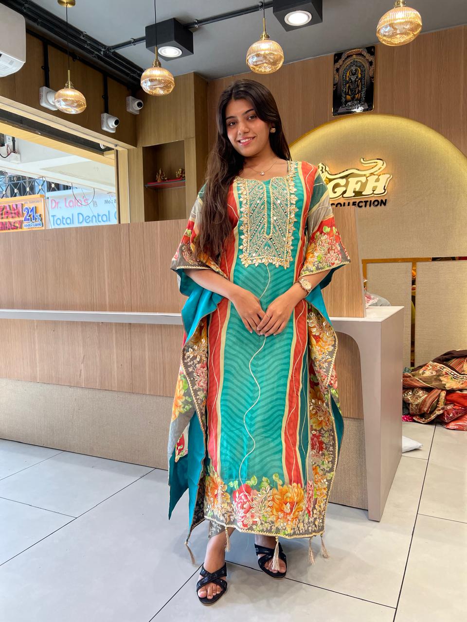 Simmer Tissue Kaftan Firozi 2pc Set