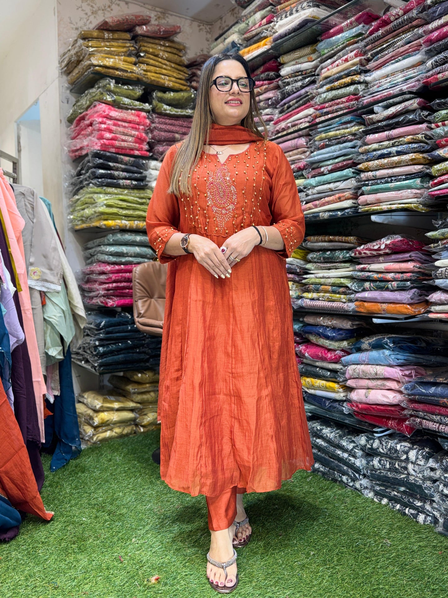 Banaras Mull Chanderi Orange 3pc Set