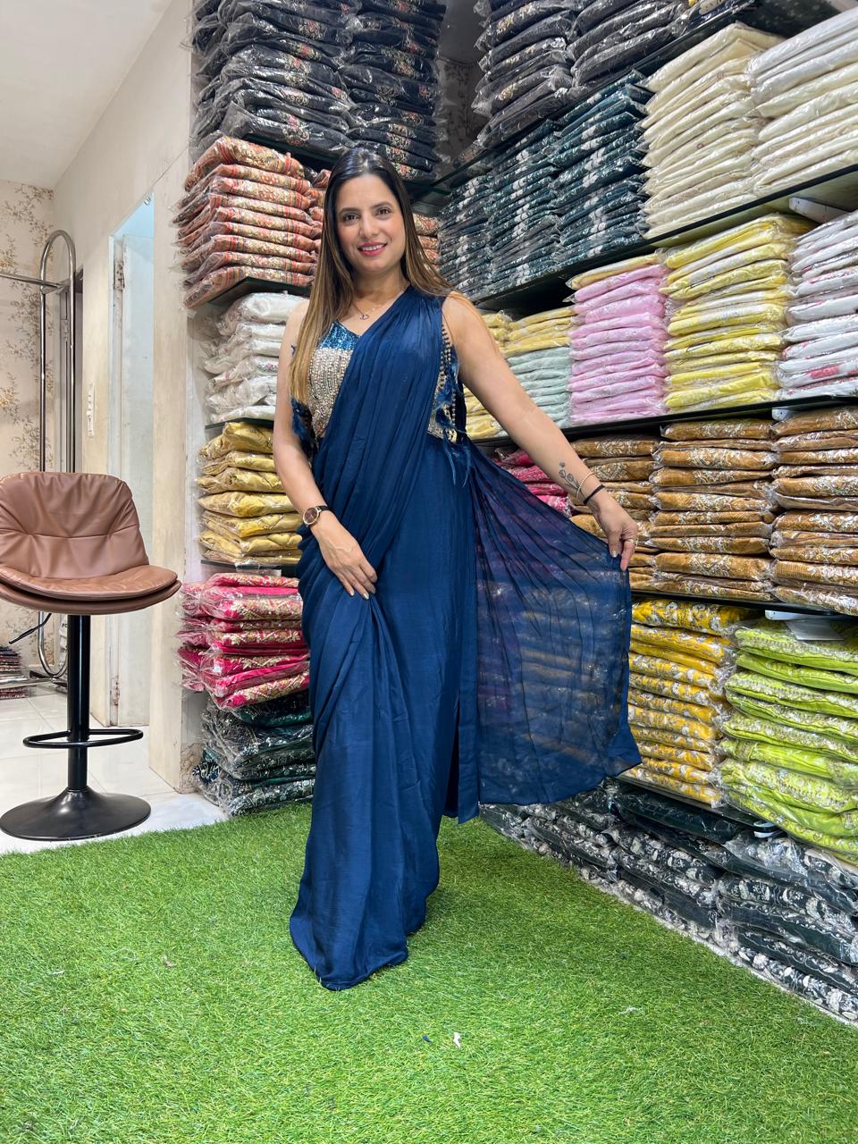 Chinon Teal Blue Drep Saree