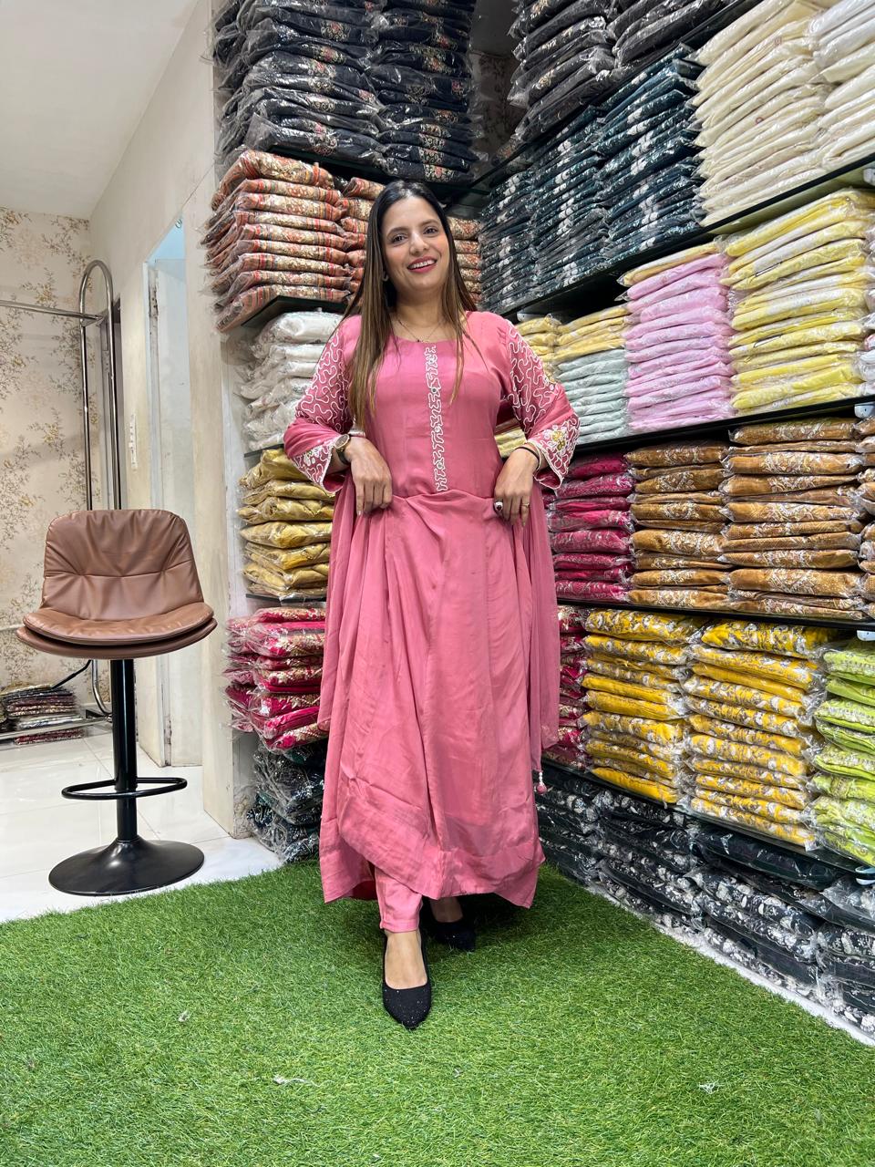 Chinon Pink Anarkali 3pc Set