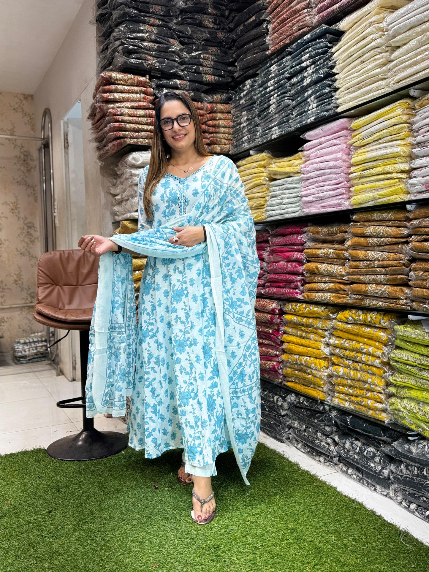 Mull Cotton Anarkali Blue 3pc Set