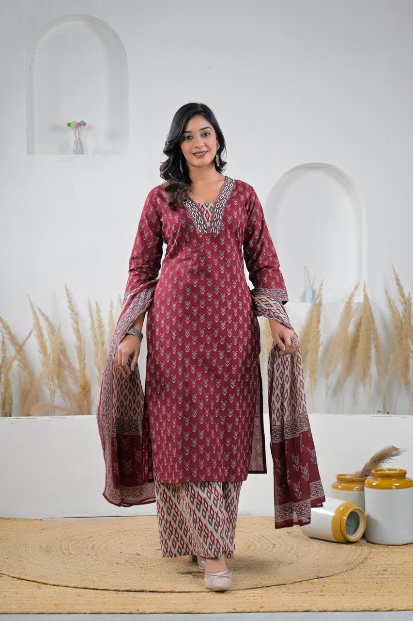 Cotton Maroon 3pc Set