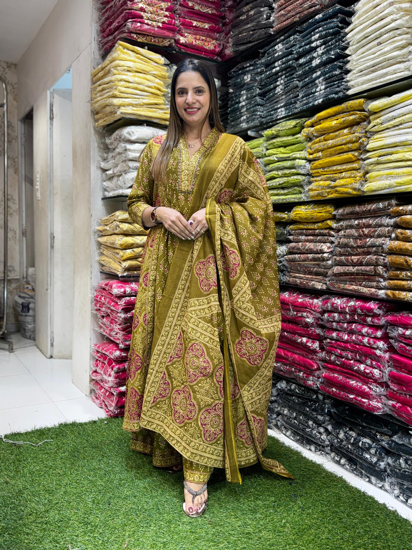 Cotton Mahendi Anarkali 3pc Set