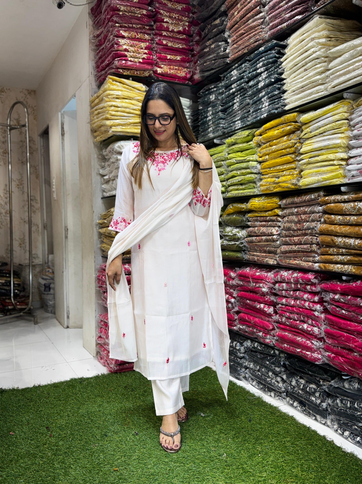 Mull Chanderi Pastle Pink White 3pc Set