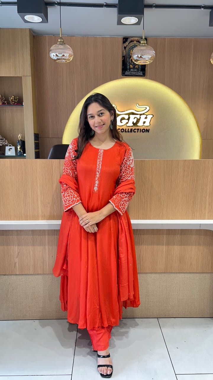 Chinon Orange Anarkali 3pc Set