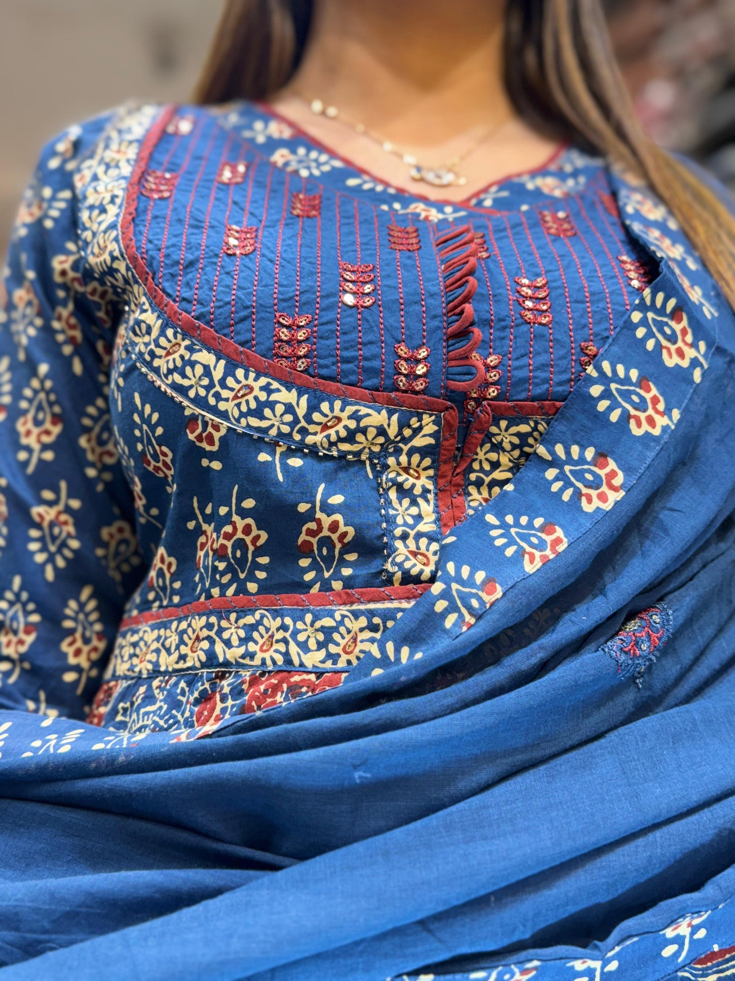 Cotton Blue Anarkali 3pc Set