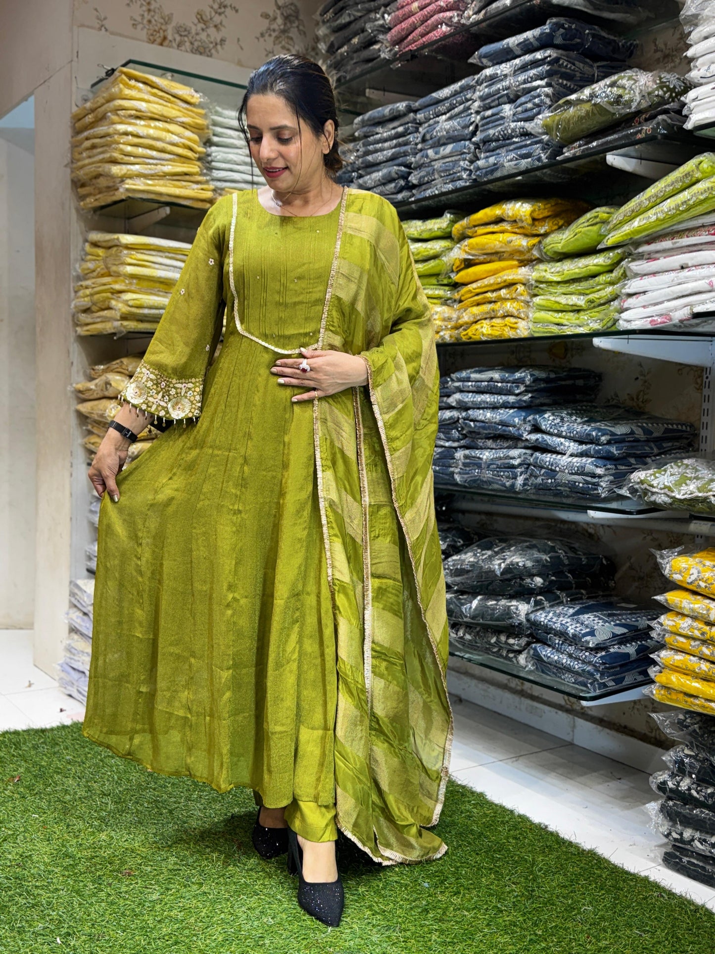 Chinon Tissue Green Anarkali 3pc Set