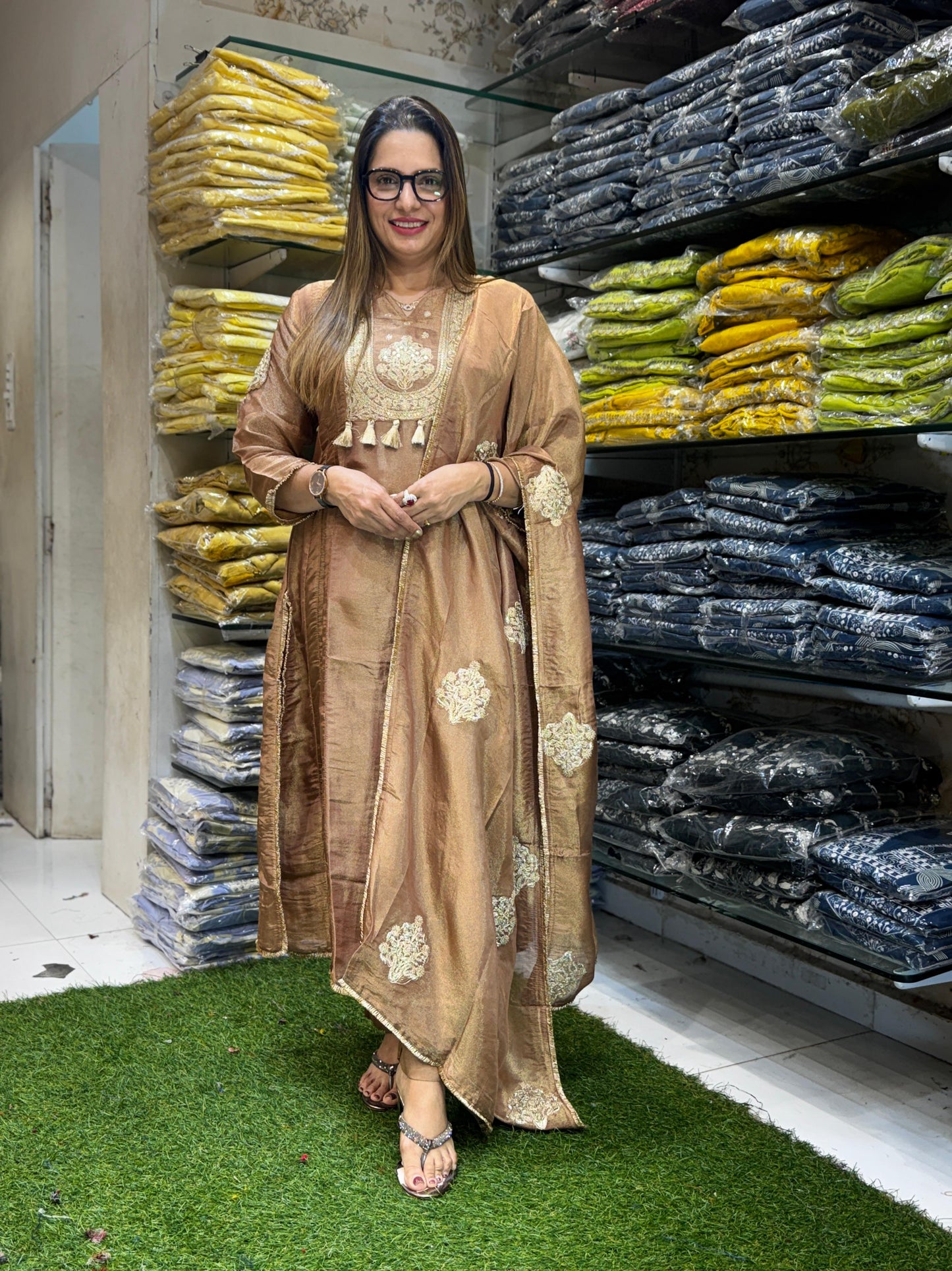 Simmer Tissue Copper Brown A-Line Anarkali 3pc Set