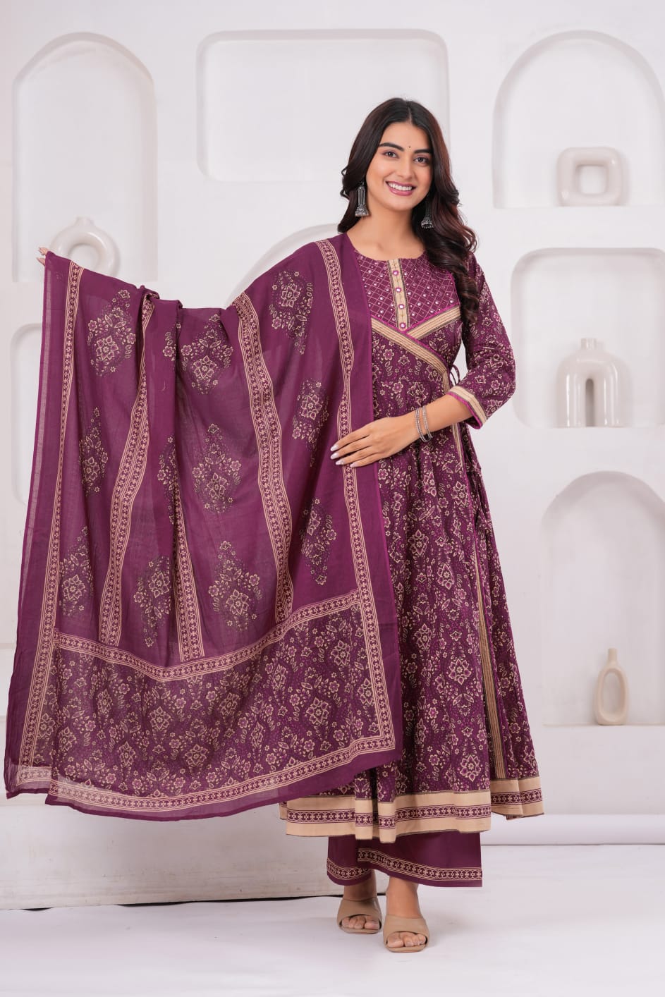 Cotton Wine Anarkali 3pc Set