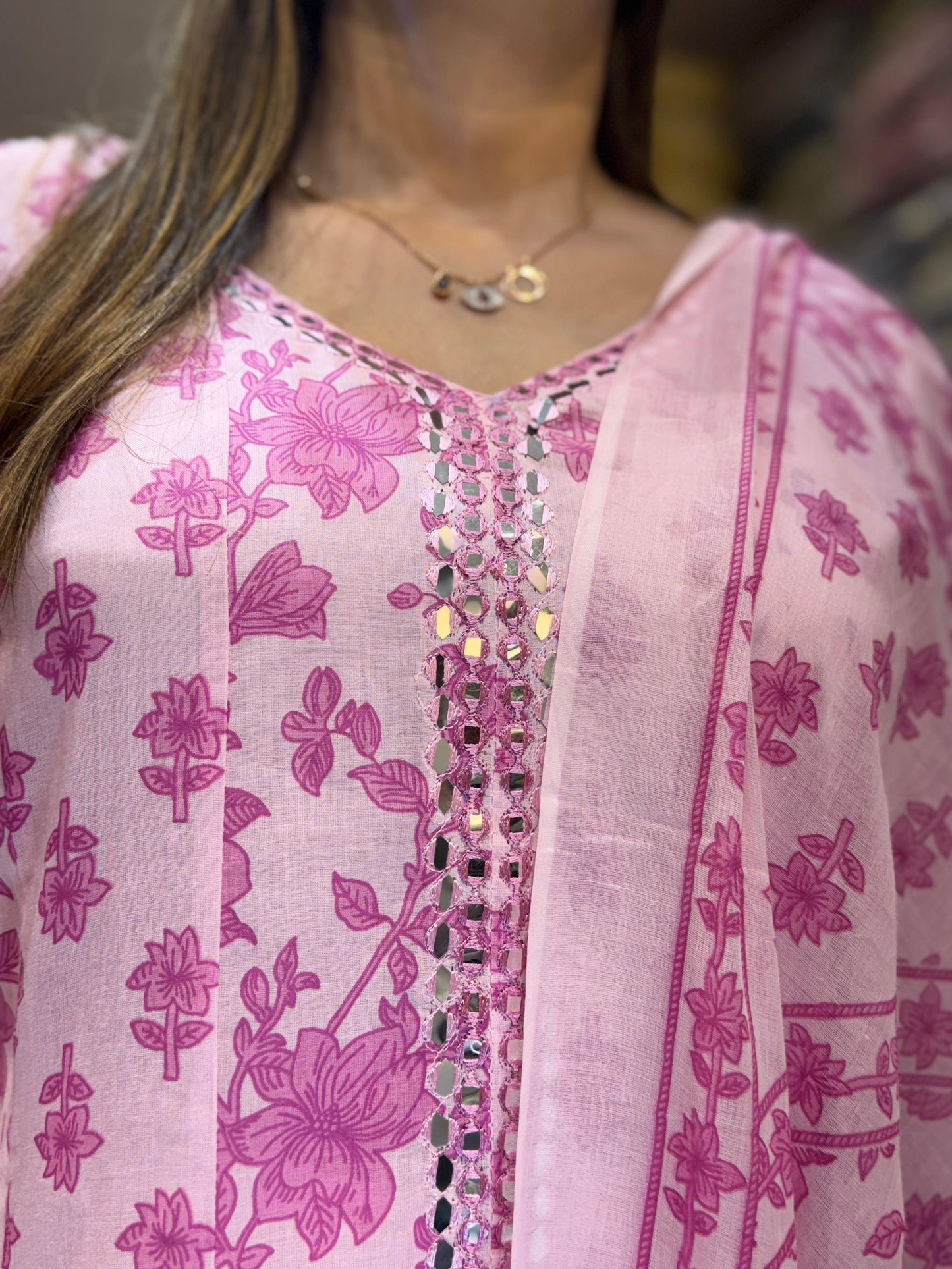 Mull Cotton Pink Shoulder Anarkali 3pc Set