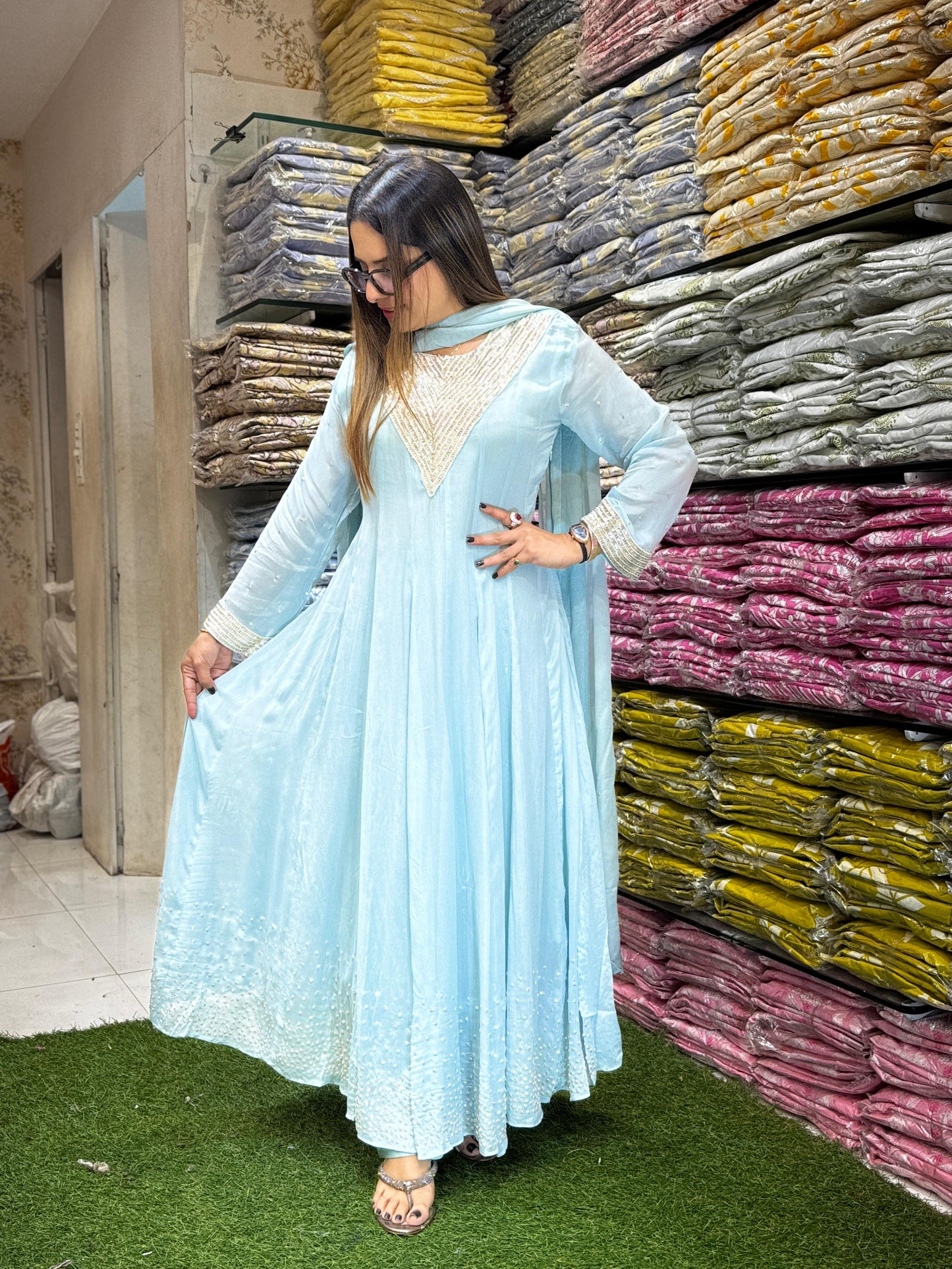 Chinon Sky Blue Anarkali 3pc Set