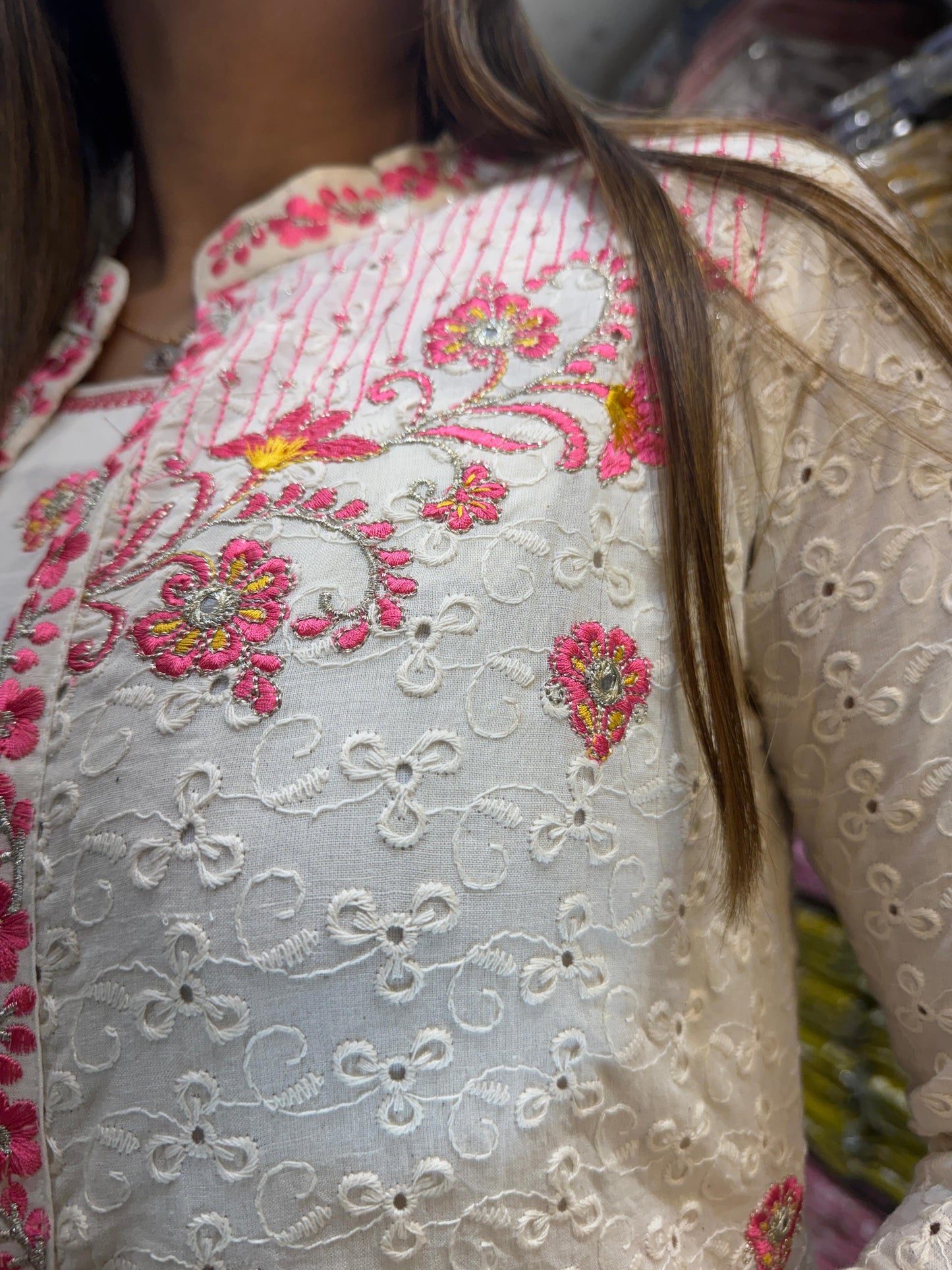 Jaipuri Cotton Off White And Pink 3pc Set