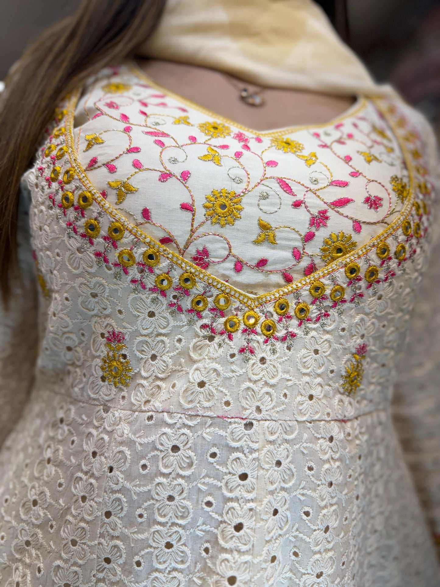 Jaipuri Cotton Anarkali Off White 3pc Set