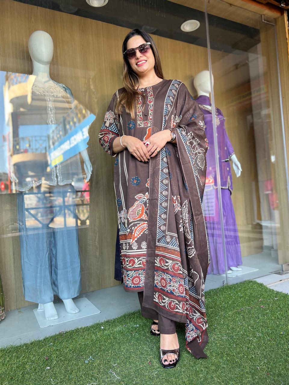 Jaipuri Cotton Brown 3pc Set