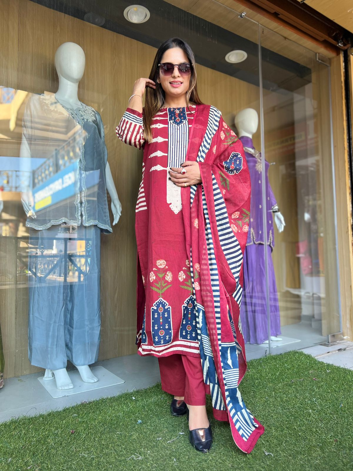 Jaipuri Cotton Maroon 3pc Set