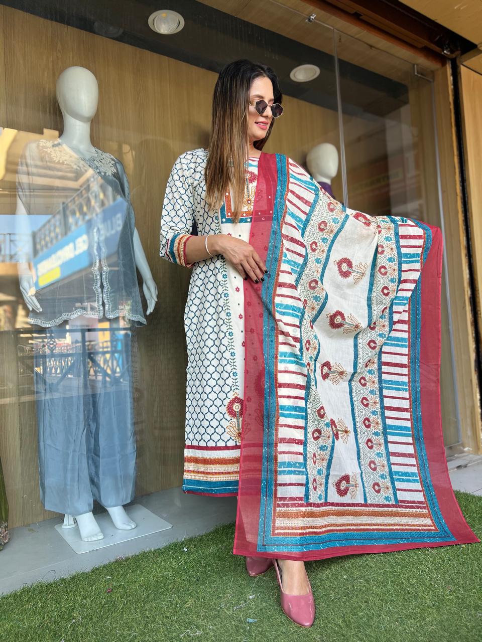 Jaipuri Cotton Cream 3pc Set