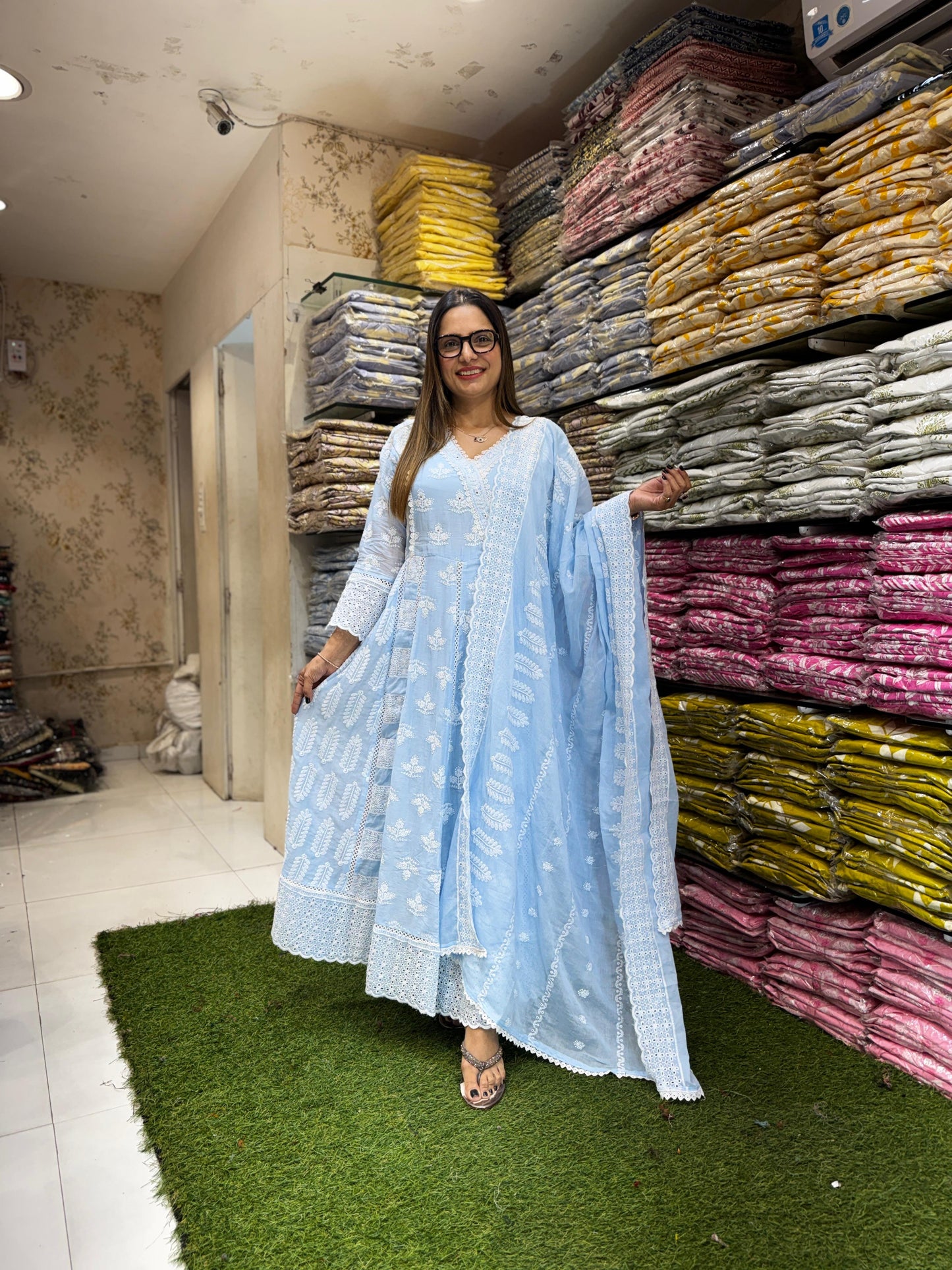 Pure Mull Cotton Blue Anarkali 3pc Set
