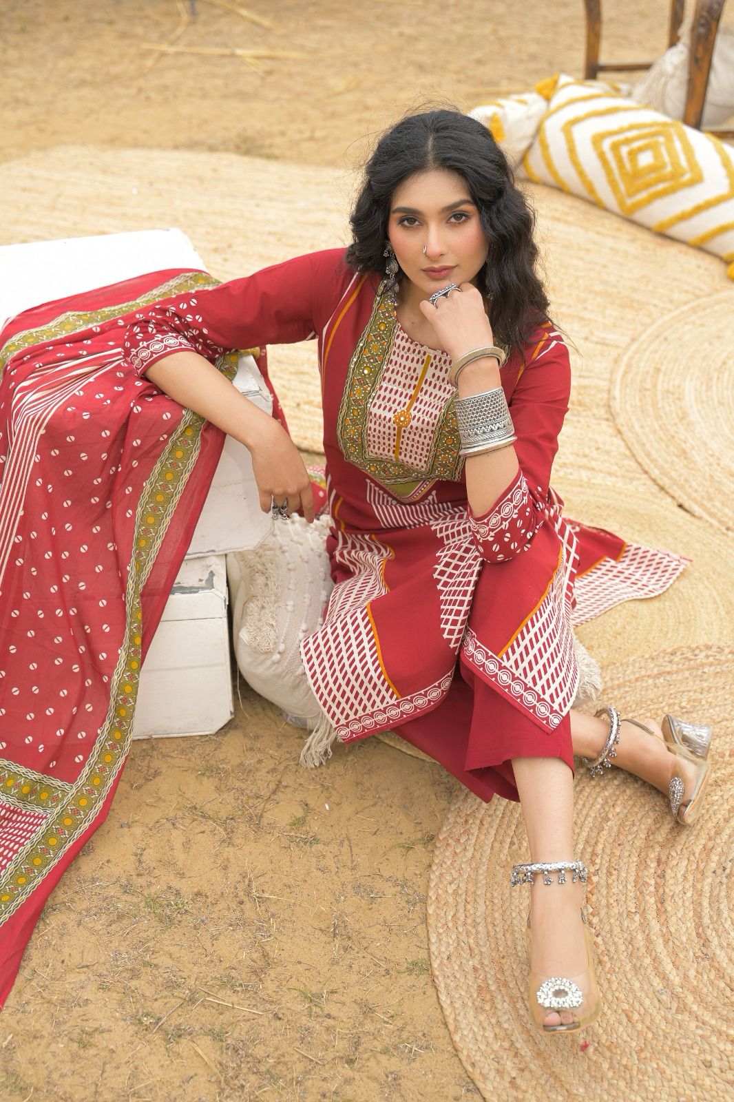 Jaipuri Cotton Maroon 3pc Set