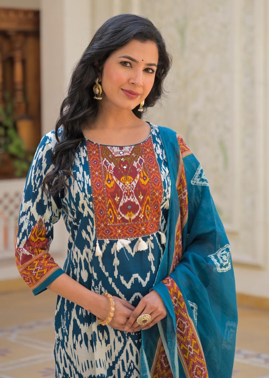 Jaipuri Cotton Teal Blue 3pc Set