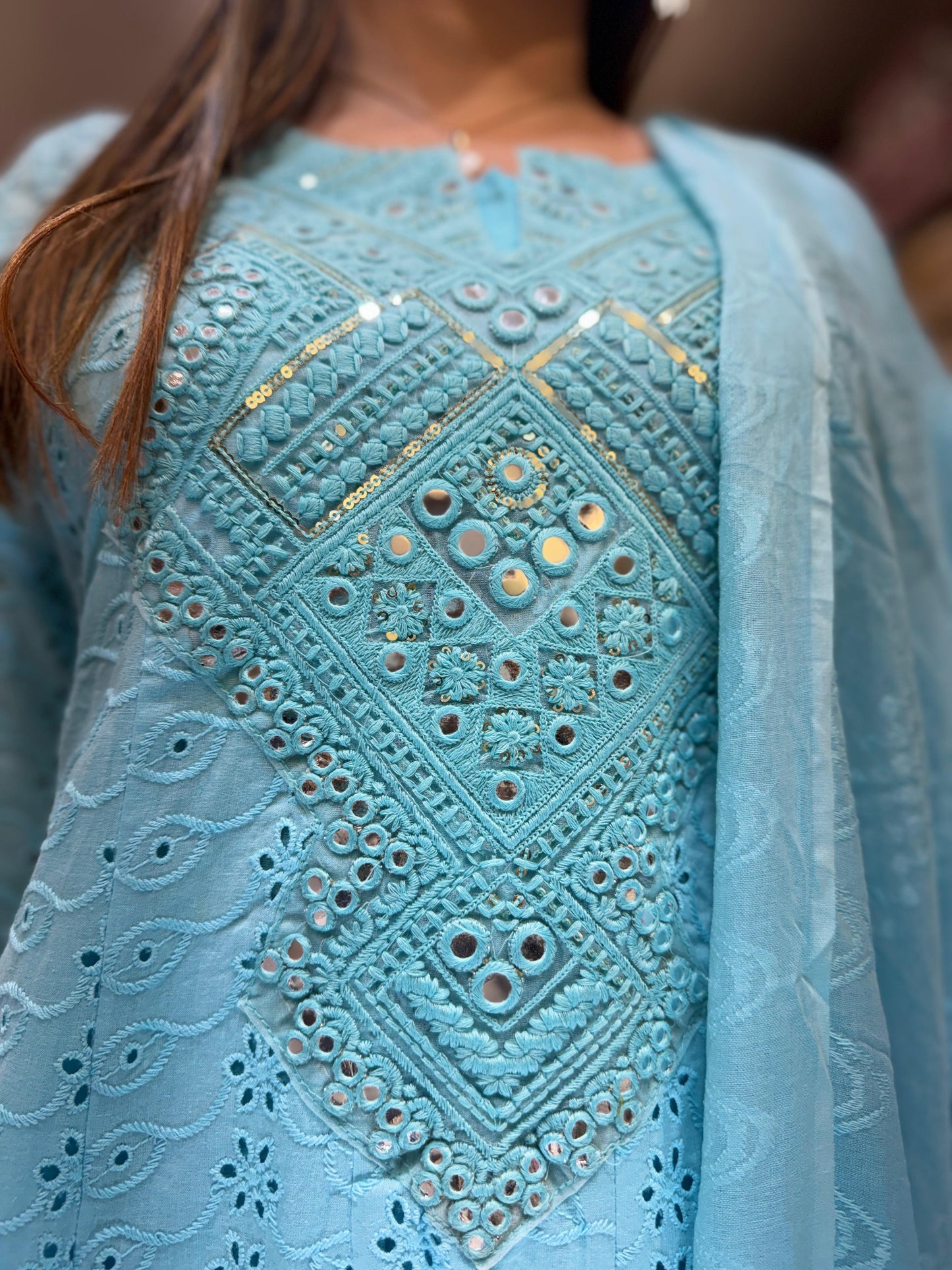 Pure Cotton Anarkali Blue 3pc Set
