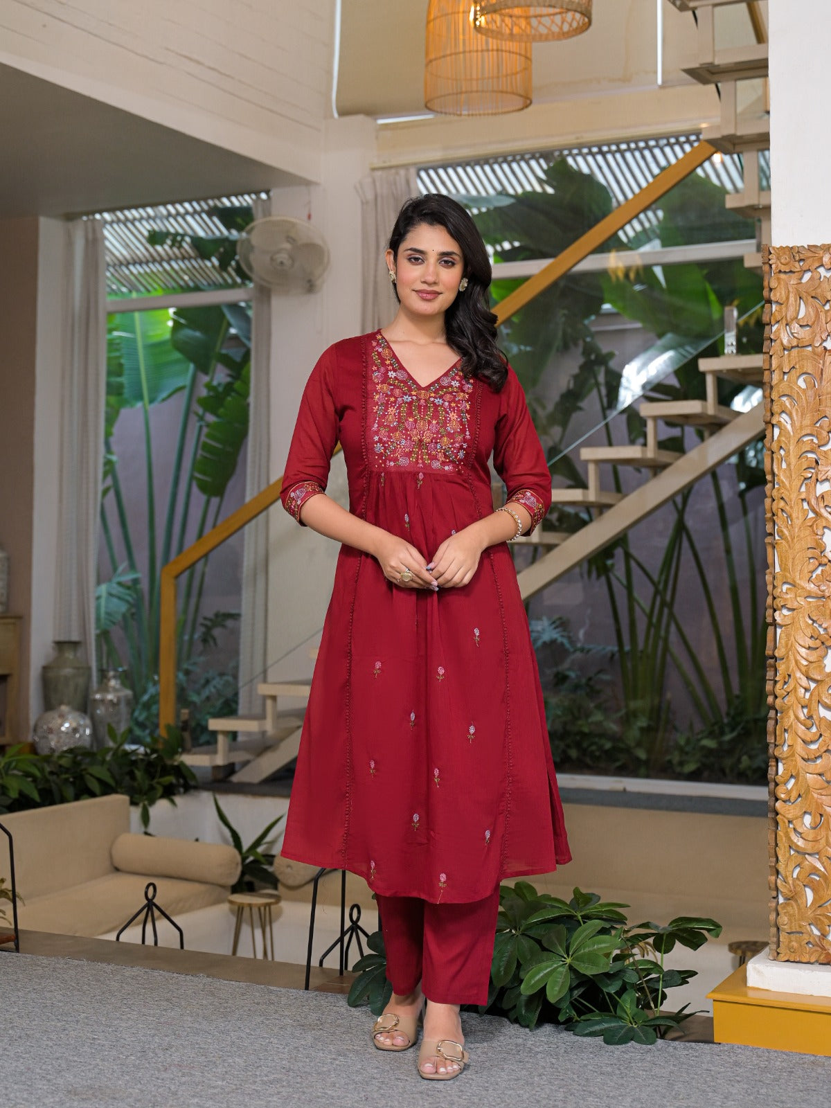 Pure Mull Cotton Maroon Red 3pc Set