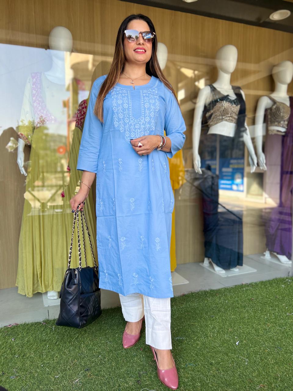 Pure Cotton Sky Blue One Piece Kurti