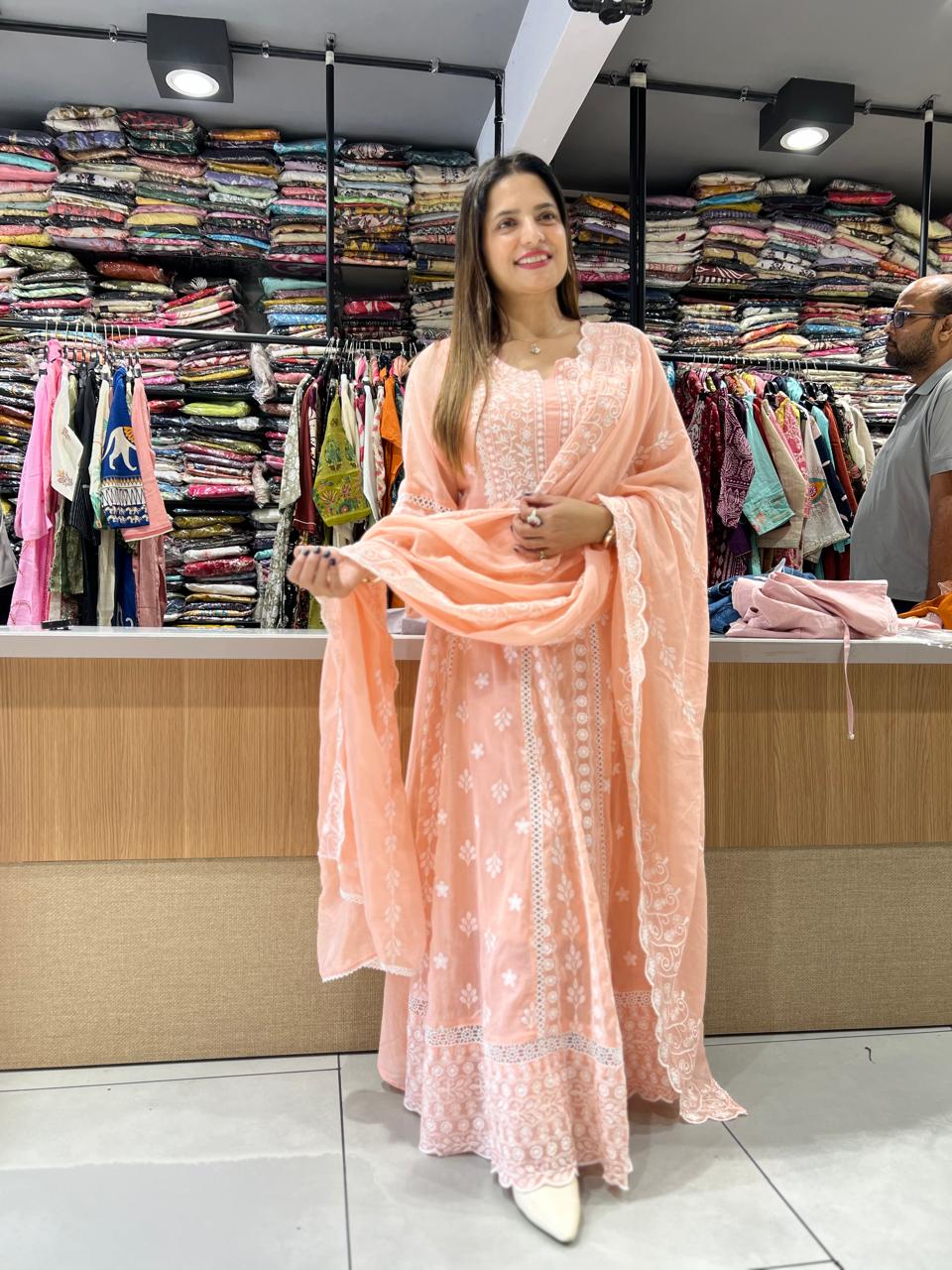 Pure Mull Cotton Peach Anarkali 3pc Set