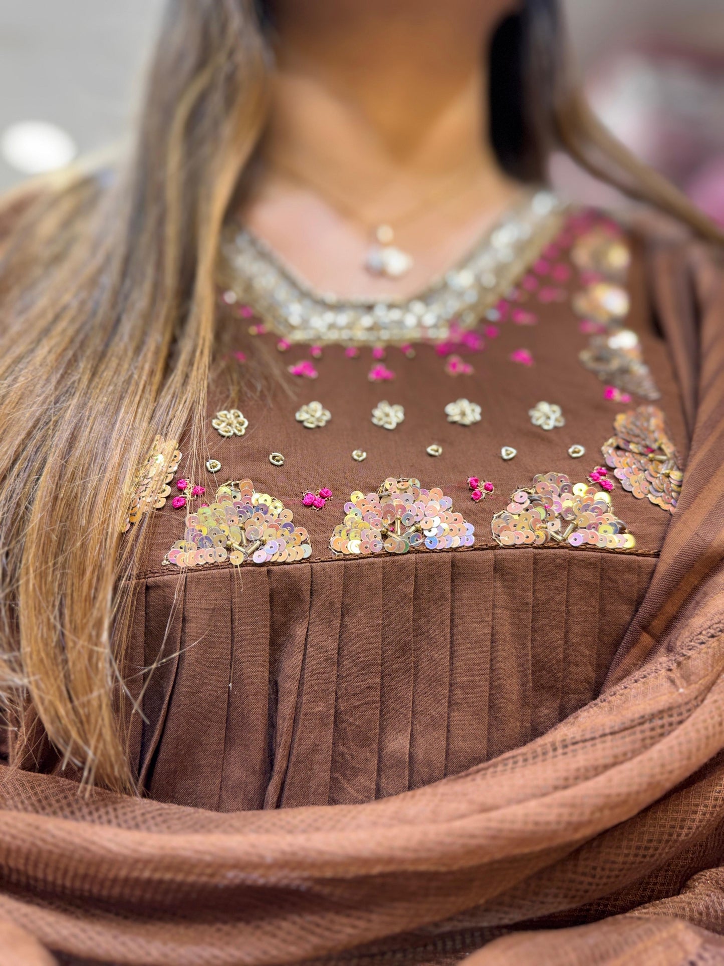 Pure Cotton Mull Chanderi Brown 3pc Set