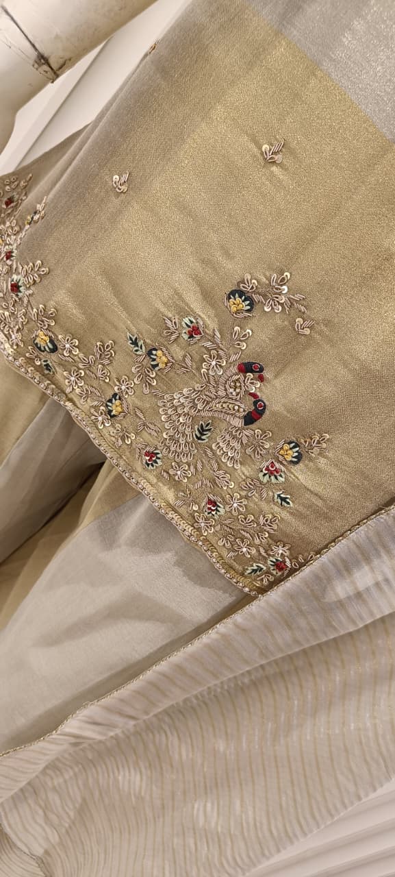 Pure Silk Half & Half Ivory And Golden 3pc Set