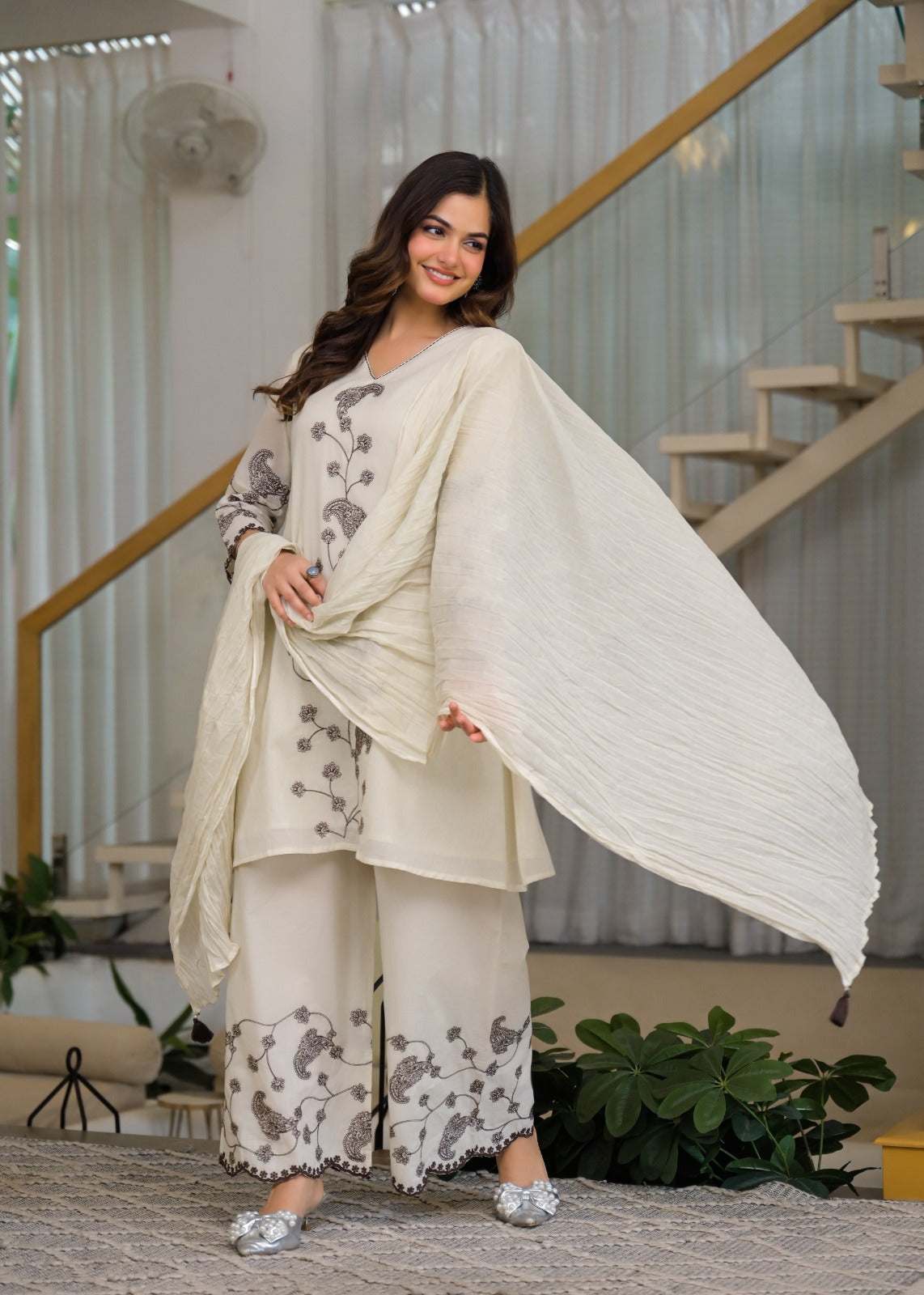 Pure Mull Cotton Off White And Black 3pc Set