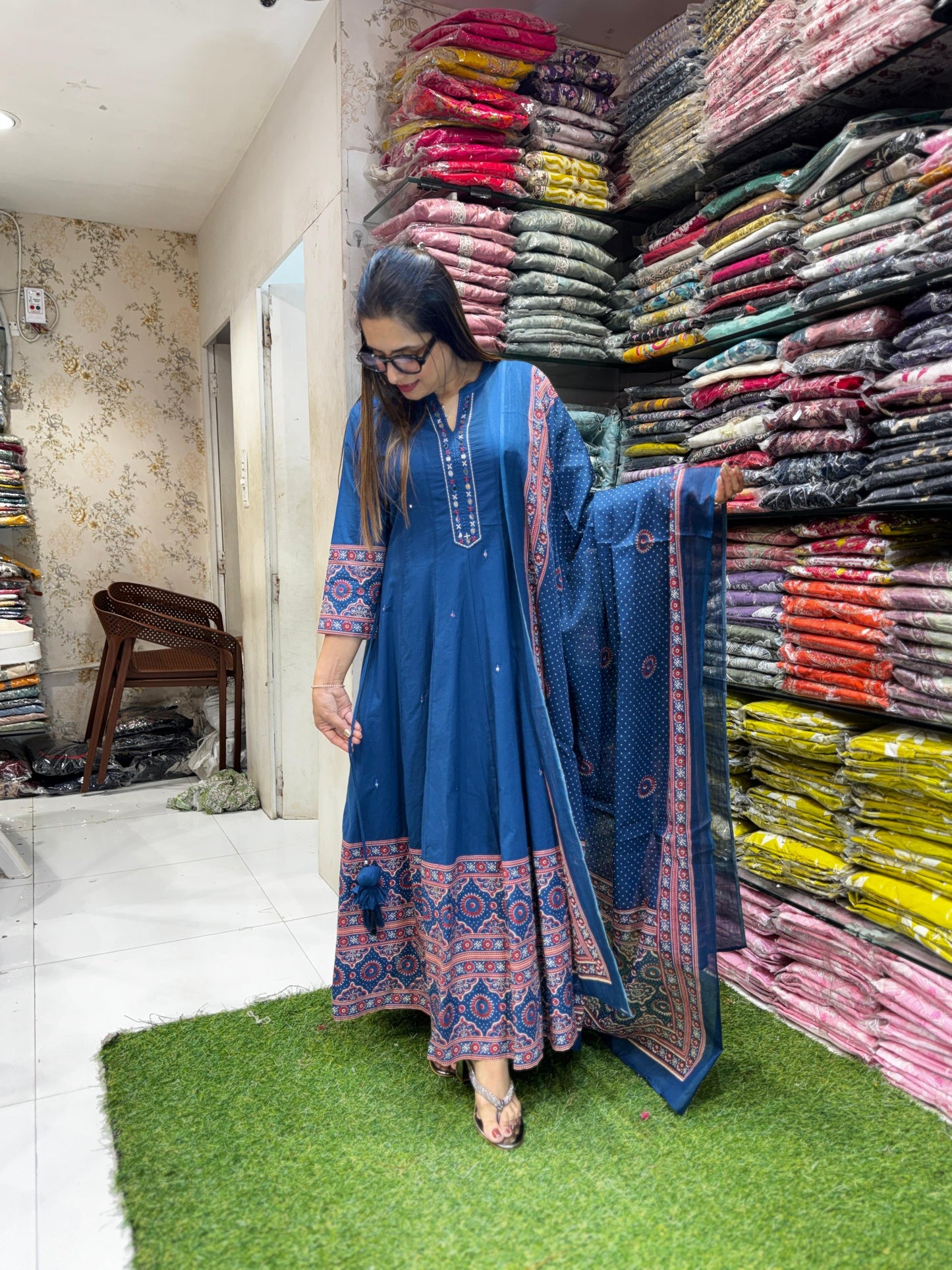 Pure Cotton Blue Anarkali 3pc Set