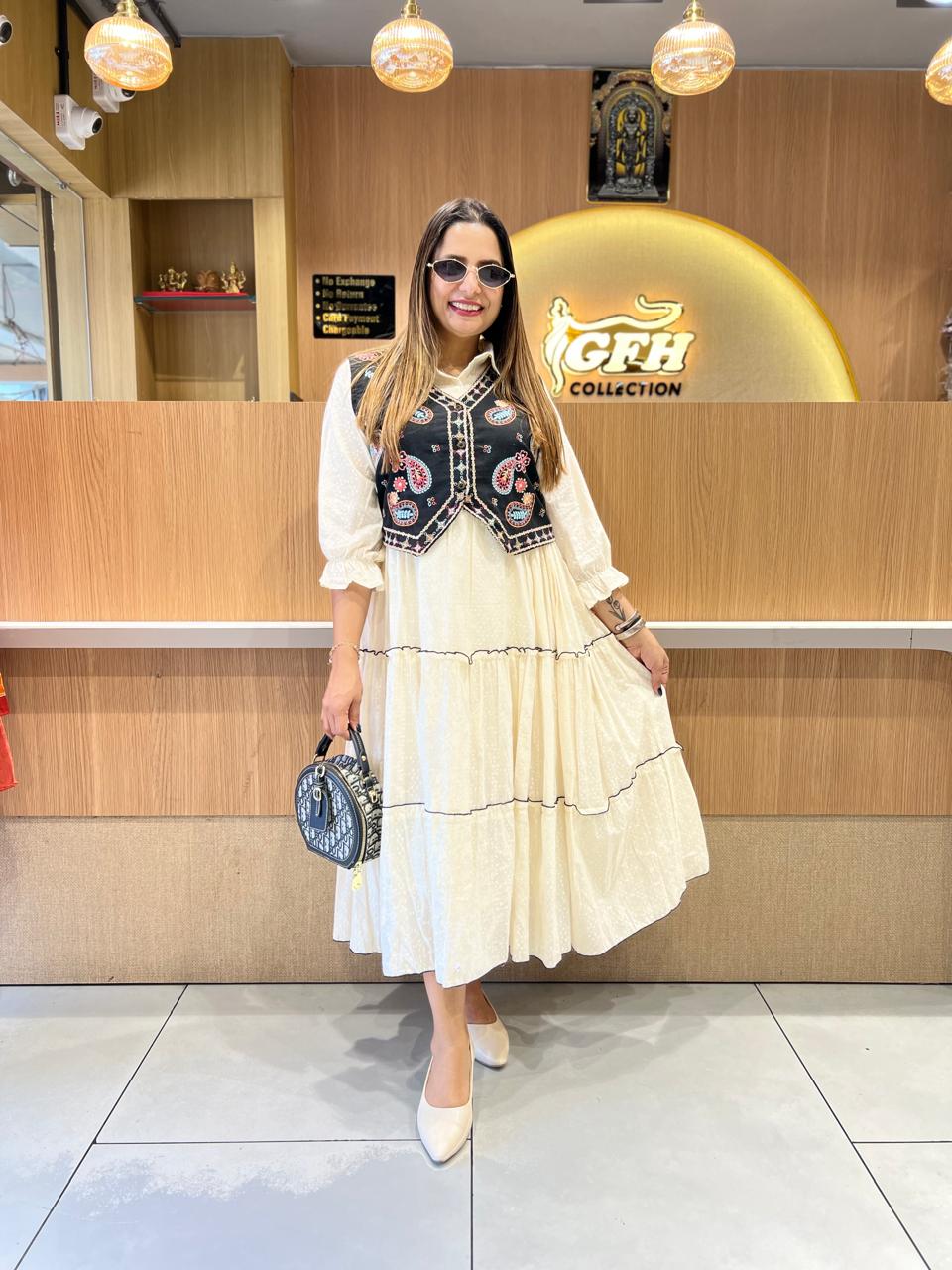 Pure Mull Cotton Off White Midi With Jacket