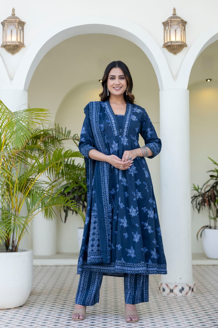 Pure Cotton Anarkali Blue 3pc Set