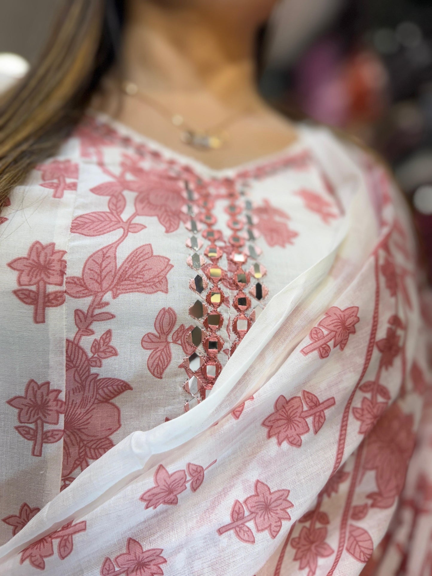Pure Mull Cotton Off White And Rose Gold Pink Shoulder Anarkali 3pc Set
