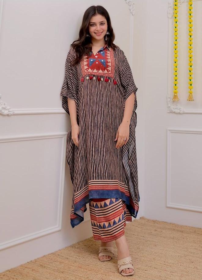 Pure Cotton Peach And Black Kaftan 2pc Set