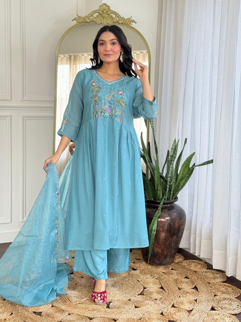 Pure Mull Chanderi Sea Green 3pc Set
