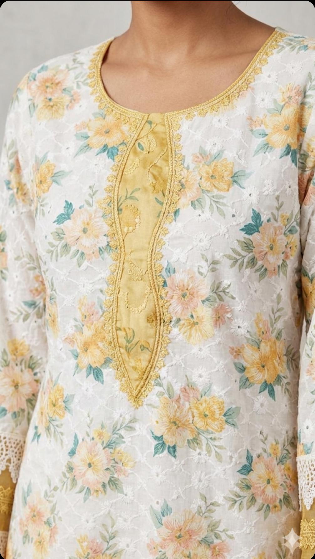 Pure Cotton Yellow And Off White 2pc Set
