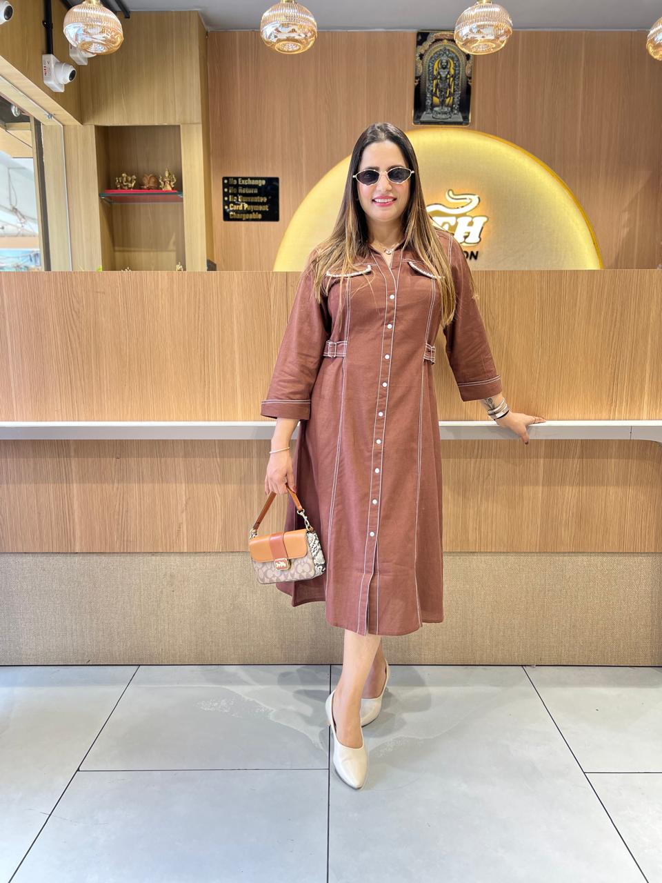 Pure Linen Cotton Brown Midi