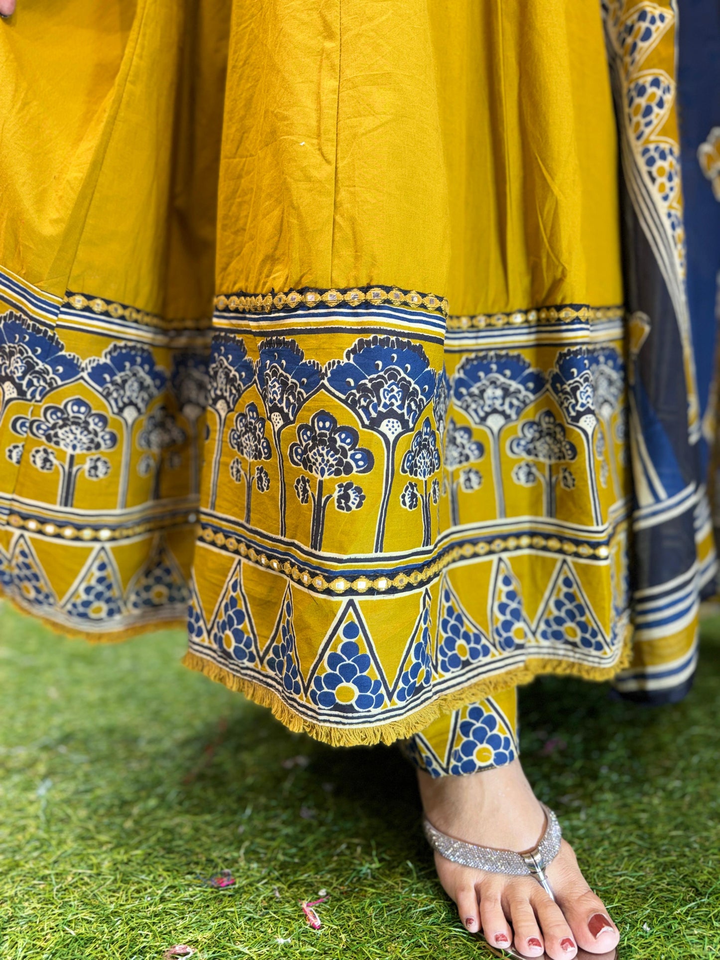 Pure Cotton Dark Mustard Yellow Shoulder Anarkali 3pc Set