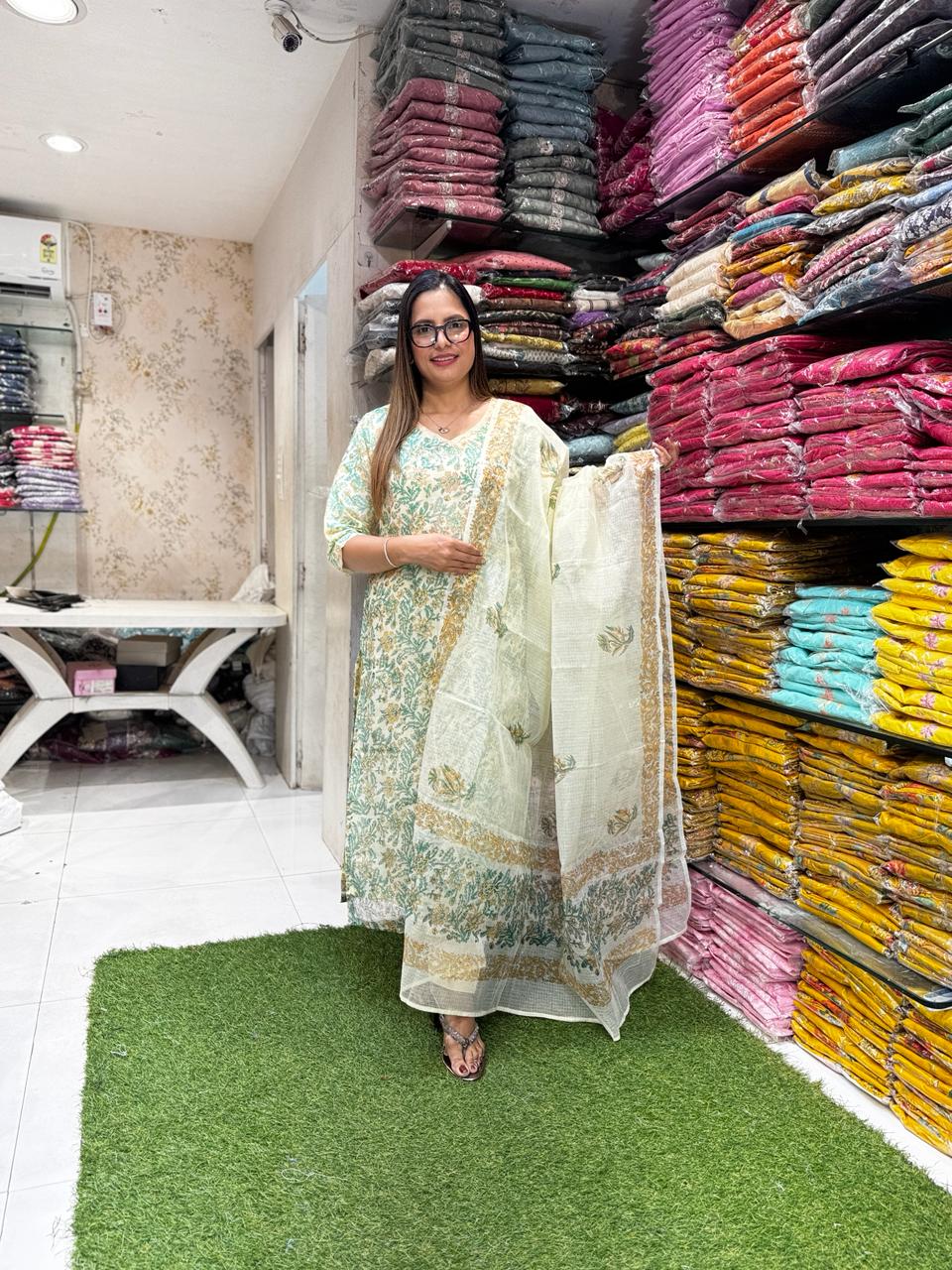 Pure Kota Doria Off White And Light Green 3pc Set