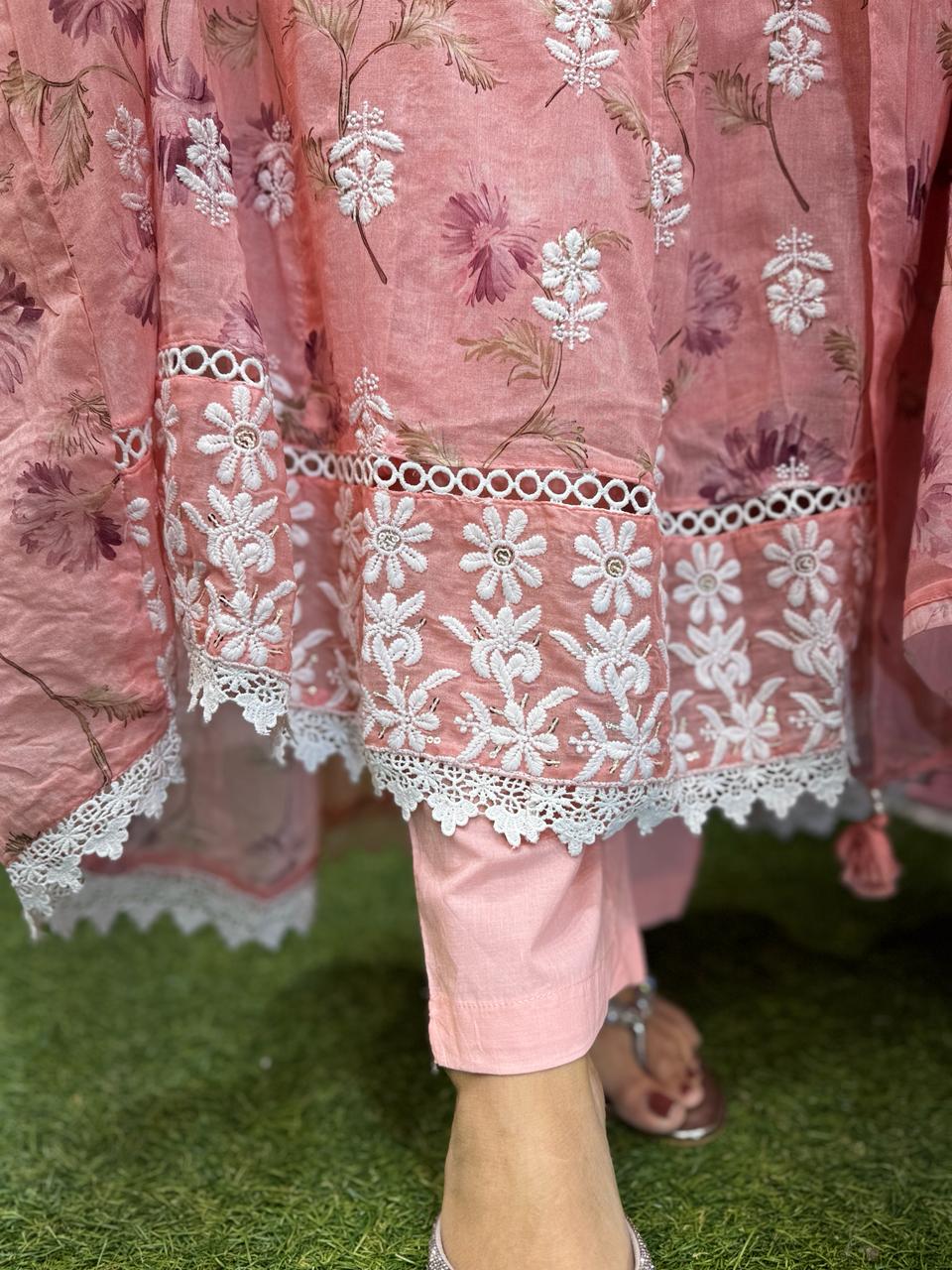 Pure Mull Cotton Peach Pink Shoulder Anarkali 3pc Set