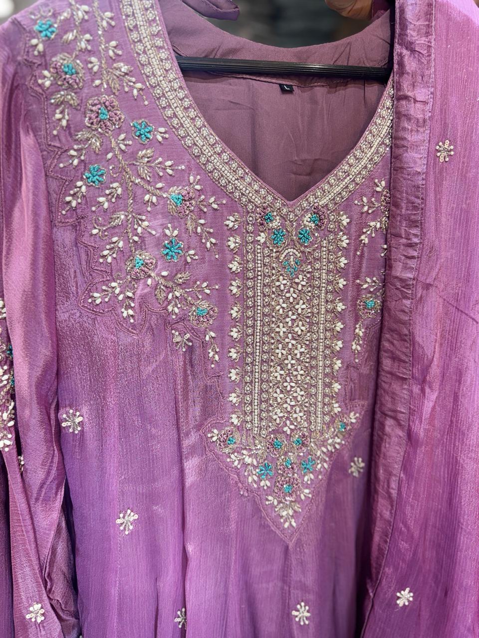 Pure Chinon Purple Shoulder Anarkali 3pc Set