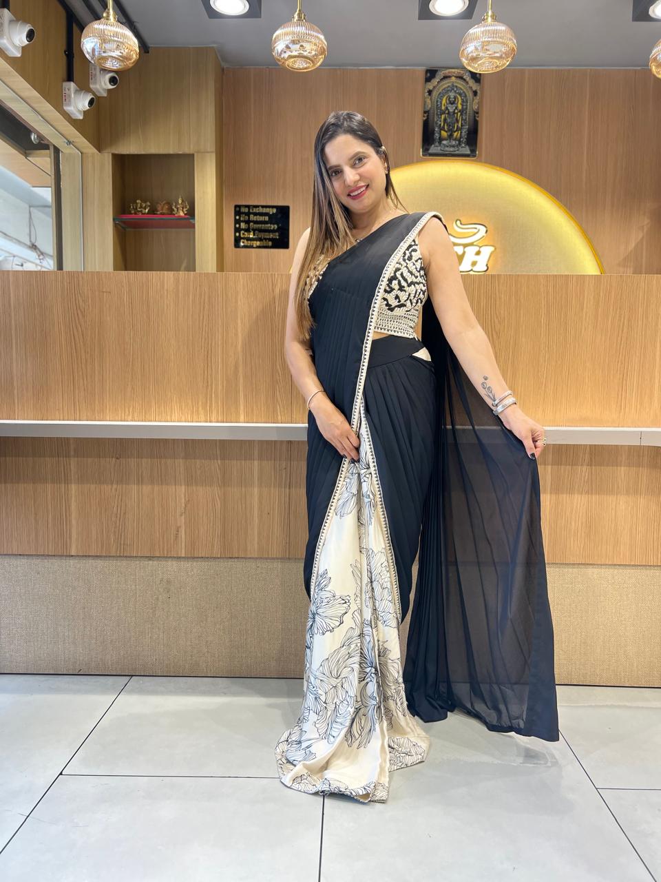 Pure Gaji Georgette Black And White Drep Saree