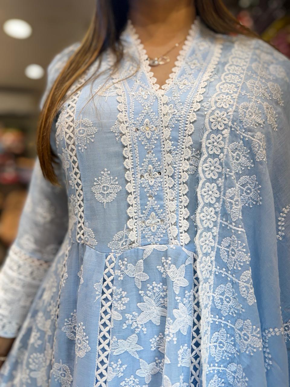 Pure Mull Cotton Sky Blue Anarkali 3pc Set